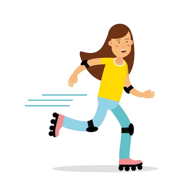 Active girl roller skating cartoon character, kids physical activities vector Illustration isolated on a white background