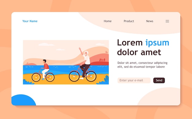 Active grandfather and grandson riding bikes together. Old man and boy cycling outdoors flat  landing page. Lifestyle, activity, family concept for banner, website design or landing web page