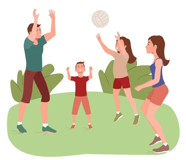 Active happy family playing with a ball outdoors On summer weekends parents and children spend their free time in nature