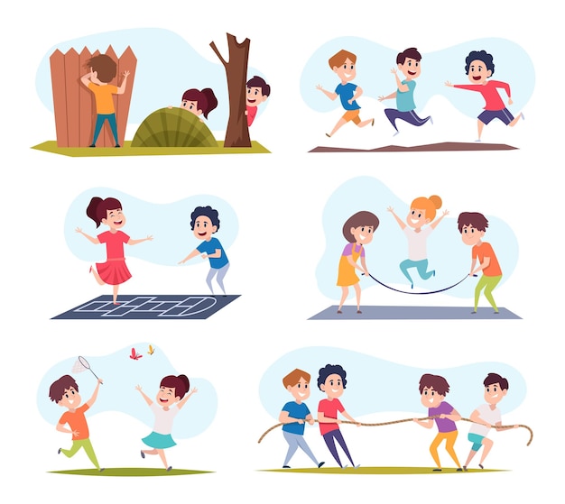 Active kids Boys and girls pulling rope running jumping and playing in outdoor active games exact vector colored illustration set