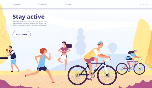 Vector active lifestyle landing. people cycling, fitness exercises. persons riding bike, running in autumn park, athletic app  page