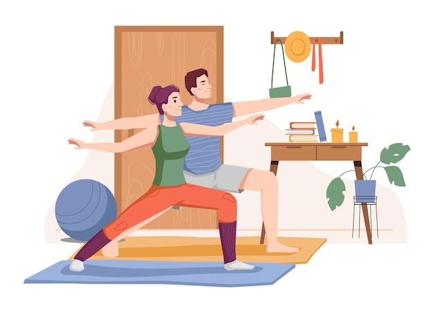 Active lifestyle of man and woman exercising and working out at home male and female couple training