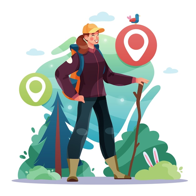 Active lifestyle, tourism concept. A young girl hiker is standing in a forest with a backpack