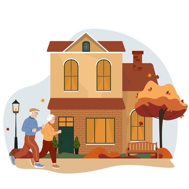 Active retirement Elderly couple spends time outdoors Vector illustration of happy senior pair