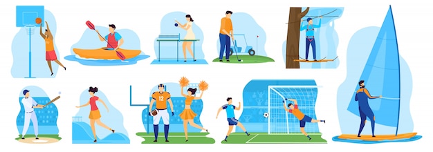 Active sport people playing basketball and golf, vector illustration