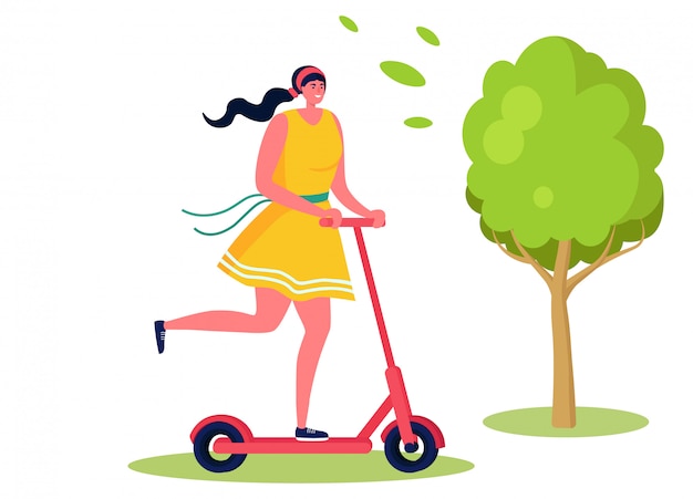 Vector active sports people  illustration, cartoon  happy woman character riding kick scooter in summer city park  on white