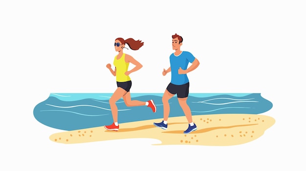 Active Young Couple Running and Exercising Together on Beach