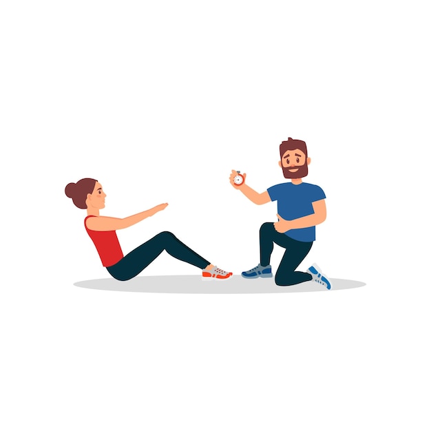 Active young girl training in gym with personal trainer Woman doing sit ups exercise Physical activity Flat vector design