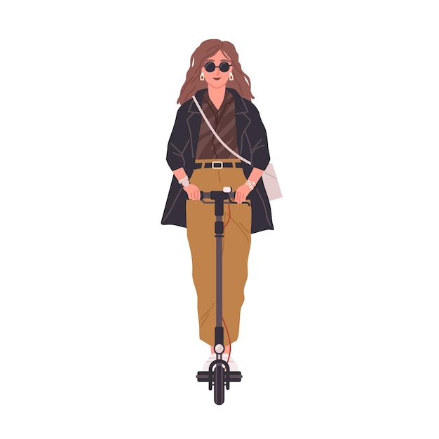 Active young woman riding electric walk scooter. Modern female character in sunglasses driving eco urban transport. Colored flat vector illustration isolated on white background.