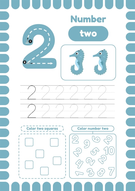 Activity page for kids education Trace number Preschool coloring worksheet Number two