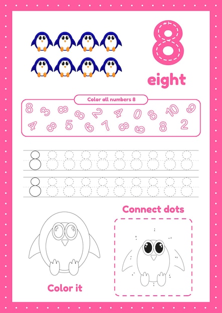 Activity page for toddlers Educational worksheet with many exercises Trace color dot to dot on one page Learning number 8xA