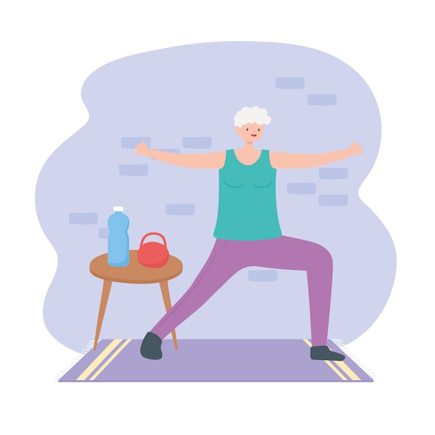 Activity seniors, elderly woman with sportswear, water bottle and weight in room illustration