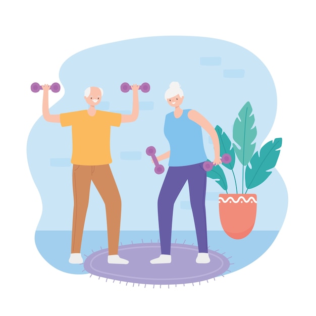 Activity seniors, old man and woman lifting weight sport in room illustration