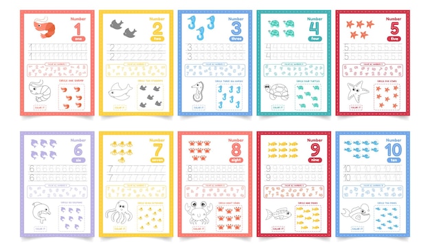 Vector activity worksheets for kids with many exercises learn number from 1 to 10 trace color dot to dot