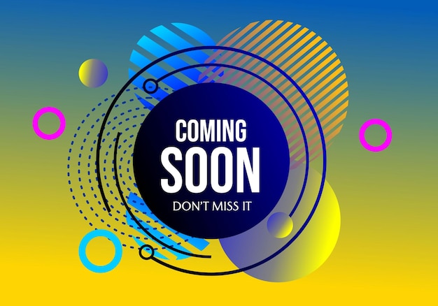 ad banner with yellow blue gradient background with coming soon text and geometric circle element