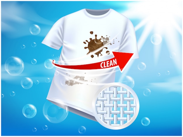 Ad  template or magazine . Ads poster design on blue background with white t-shirt and stains