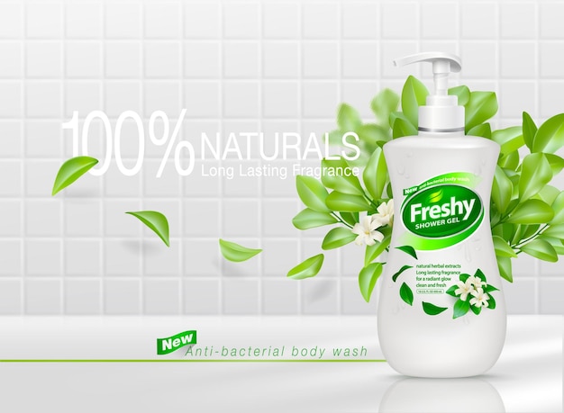 Ad template shower gel and liquid soap Bottle mockup and leaf with flower on tile white background