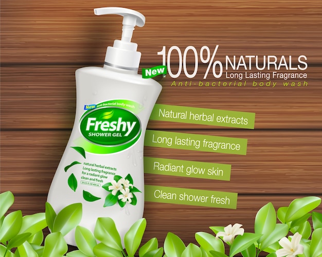 Ad templates for shower gels and liquid soaps Natural extracts fresh scent prevent germs