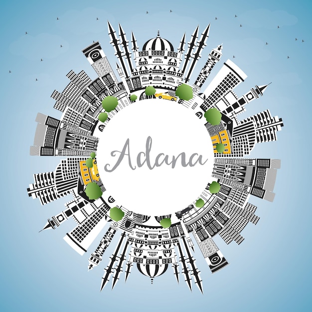 Adana Turkey City Skyline with Color Buildings, Blue Sky and Copy Space. Vector Illustration. Business Travel and Concept with Historic Architecture. Adana Cityscape with Landmarks.