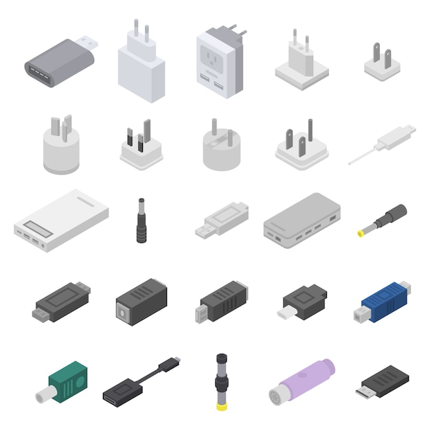 Adapter icons set, isometric style