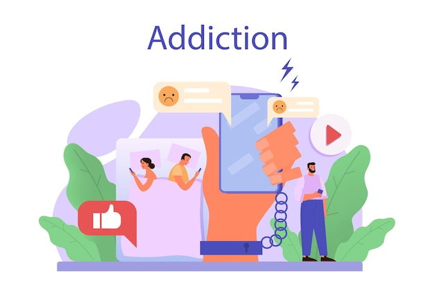 Addiction concept Smartphone addiction concept illustration Young couple spend time together surfing the internet Woman and man with phone addiction Vector flatillustration