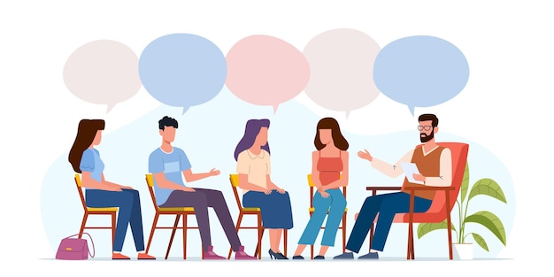 Vector addiction treatment concept. group therapy, people counseling with psychologist, persons in psychotherapist sessions, mental health community, vector men and women with speech bubbles at consultation