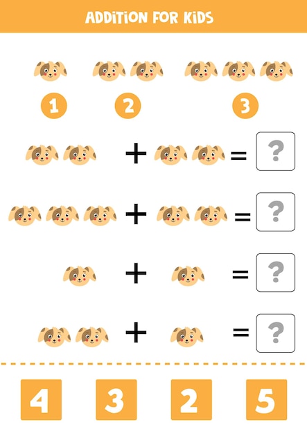 Addition game with cute cartoon dog face. Math game for kids.