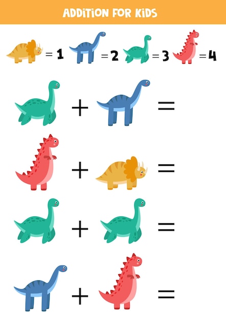 Addition game with different dinosaurs Educational math game for preschool kids