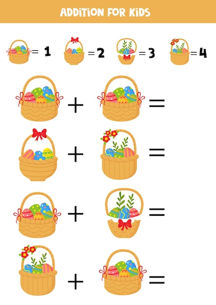 Addition game with different Easter baskets Educational math game for preschool kids