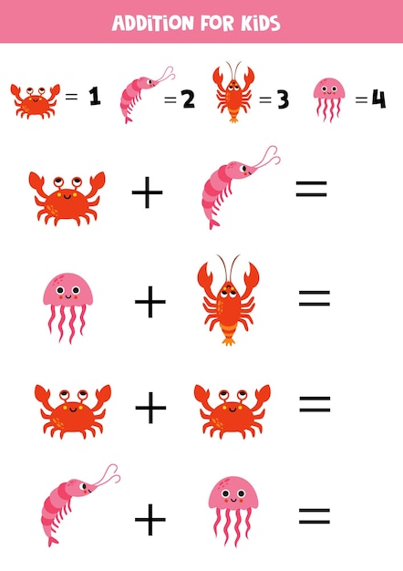 Addition game with different sea animals Educational math game for preschool kids