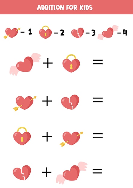 Addition game with different valentine hearts Math worksheet for kids