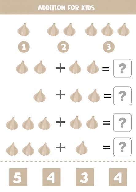 Addition for kids with cartoon garlic. Math game.