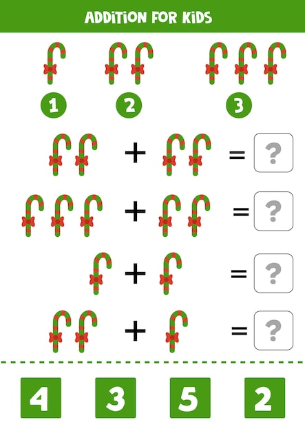 Addition for kids with hand drawn Christmas candy cane