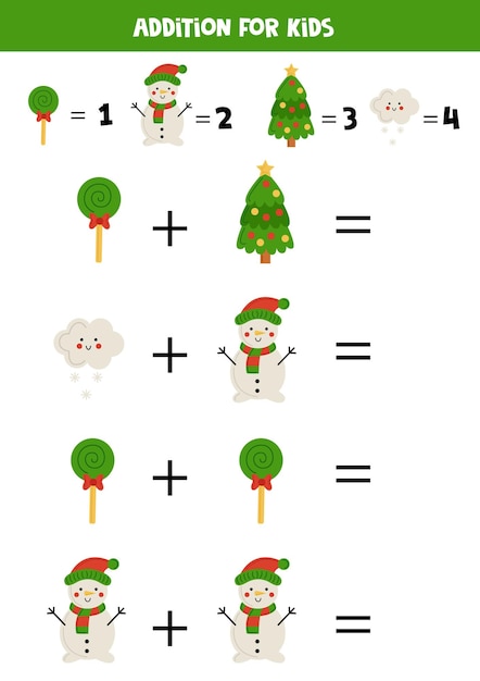 Addition for kids with hand drawn Christmas characters