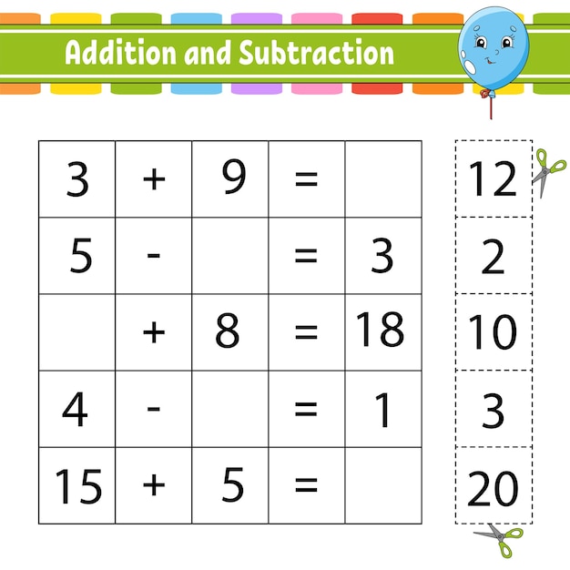 Addition and subtraction Task for kids Cut and paste Education developing worksheet Activity page