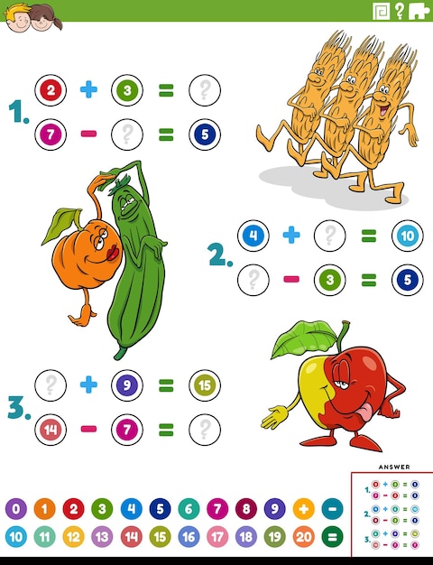 Addition and subtraction task with cartoon food characters