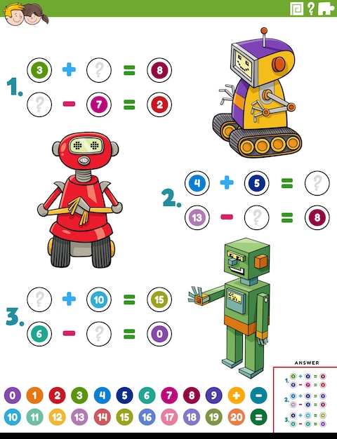 Addition and subtraction worksheet with cartoon robots