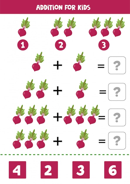 Addition with beetroot. Solve the equation. Math game for children.