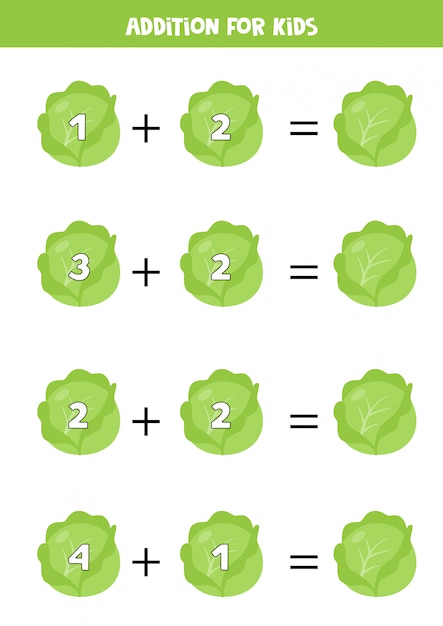 Addition with cartoon cabbage. Math game for kids.