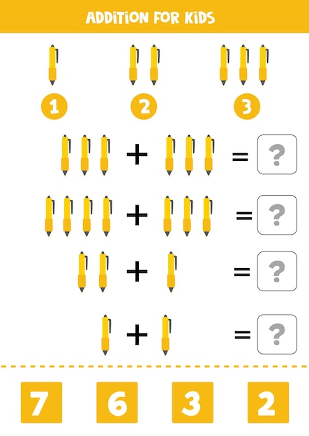 Addition with cartoon yellow pen. Educational math game for kids.