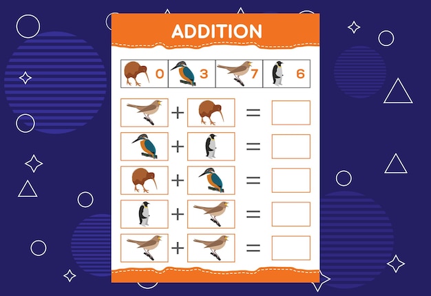 Addition with different birds for kids An educational worksheet for kids Vector design