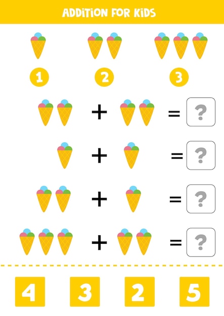 Addition with ice cream cone. Educational math game for kids.