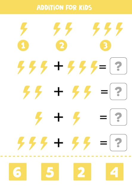 Addition with yellow lightning. Educational math game for kids.