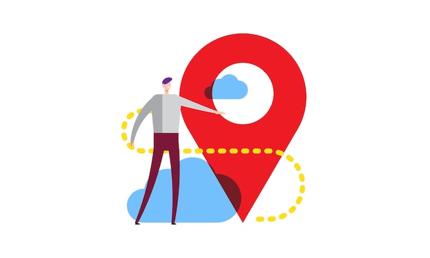 Address navigation Checking businessman standing close office location Vector illustration