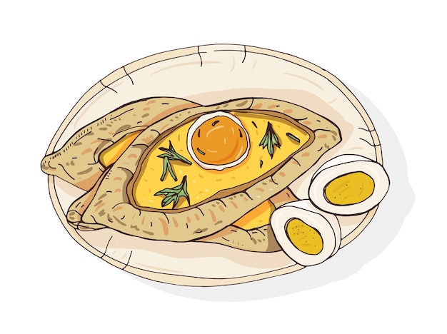 Adjaran open khachapuri. Traditional Georgian boat-shaped pie with cheese and topped with raw egg and butter. Delicious meal of Caucasian cuisine