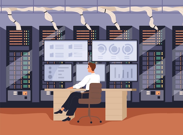 Administrator at computer in server room. Work with information technology, cybersecurity, big data storage, administration, database analysis and cyber security maintenance. Flat vector illustration