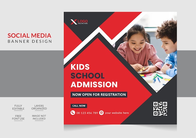 Admission school social media post or modern web banner design editable template