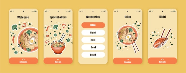 Adobe Illustrator ArtworkSet of UI UX screens for mobile app about food delivery. Asian food.