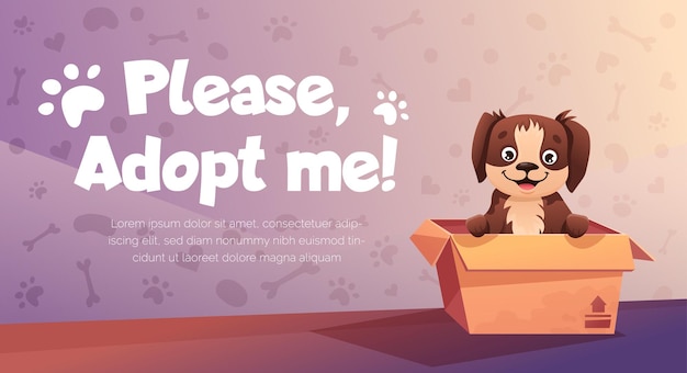 Adopt banner with funny little dog in cardboard box Help homeless animals find home