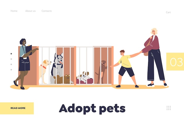 Adopt pet concept of landing page with dog shelter interior and girl volunteer show puppy to family